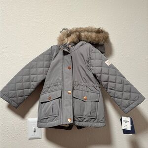 NWT OshKosh Gray Quilted Hooded Coat with Faux Fur Trim